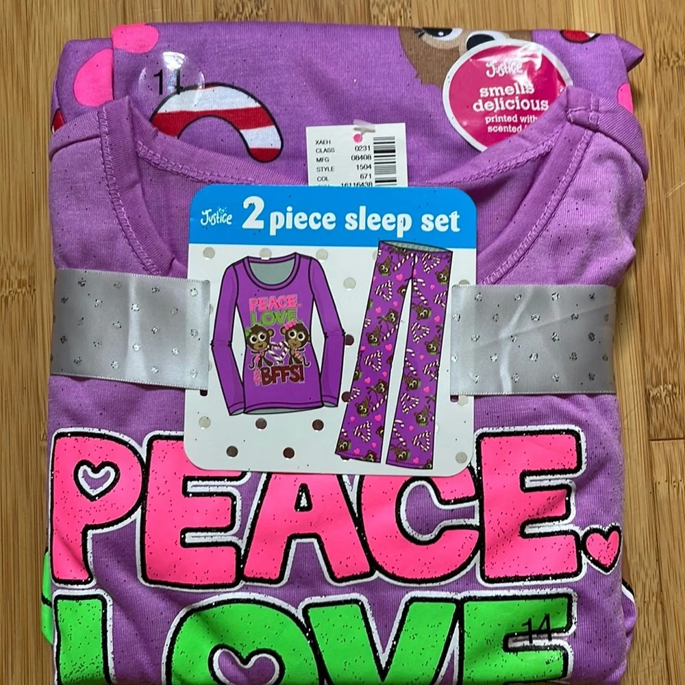 NWT Justice Christmas Pajamas 2 piece PJ set Monkey BFF New sz 14